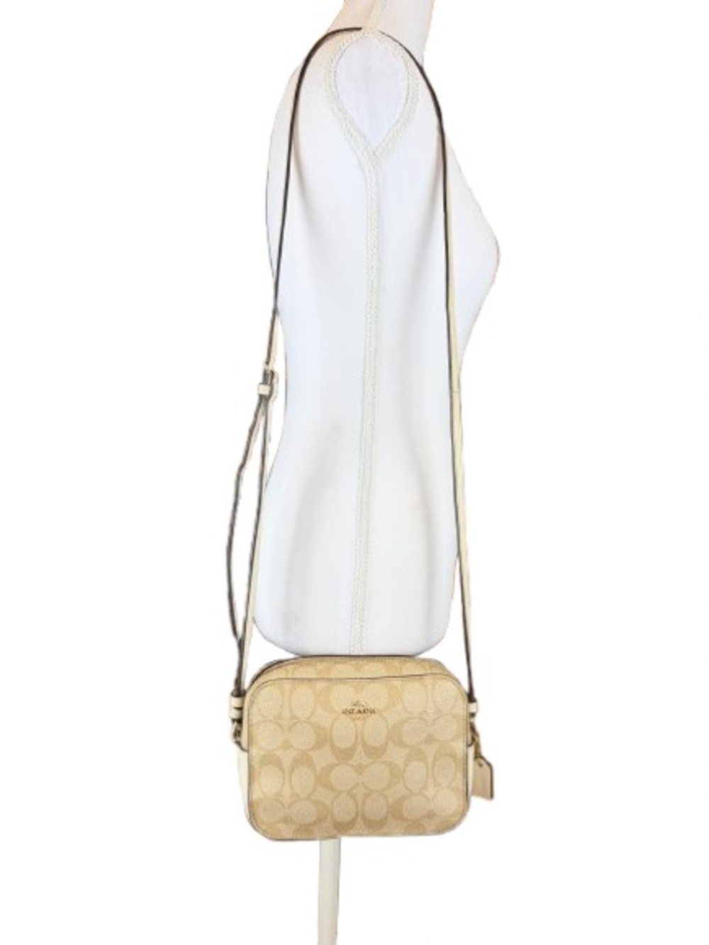 Coach Mini Jamie Camera Bag Crossbody Signature Canvas Chalk Cream Leather 91677